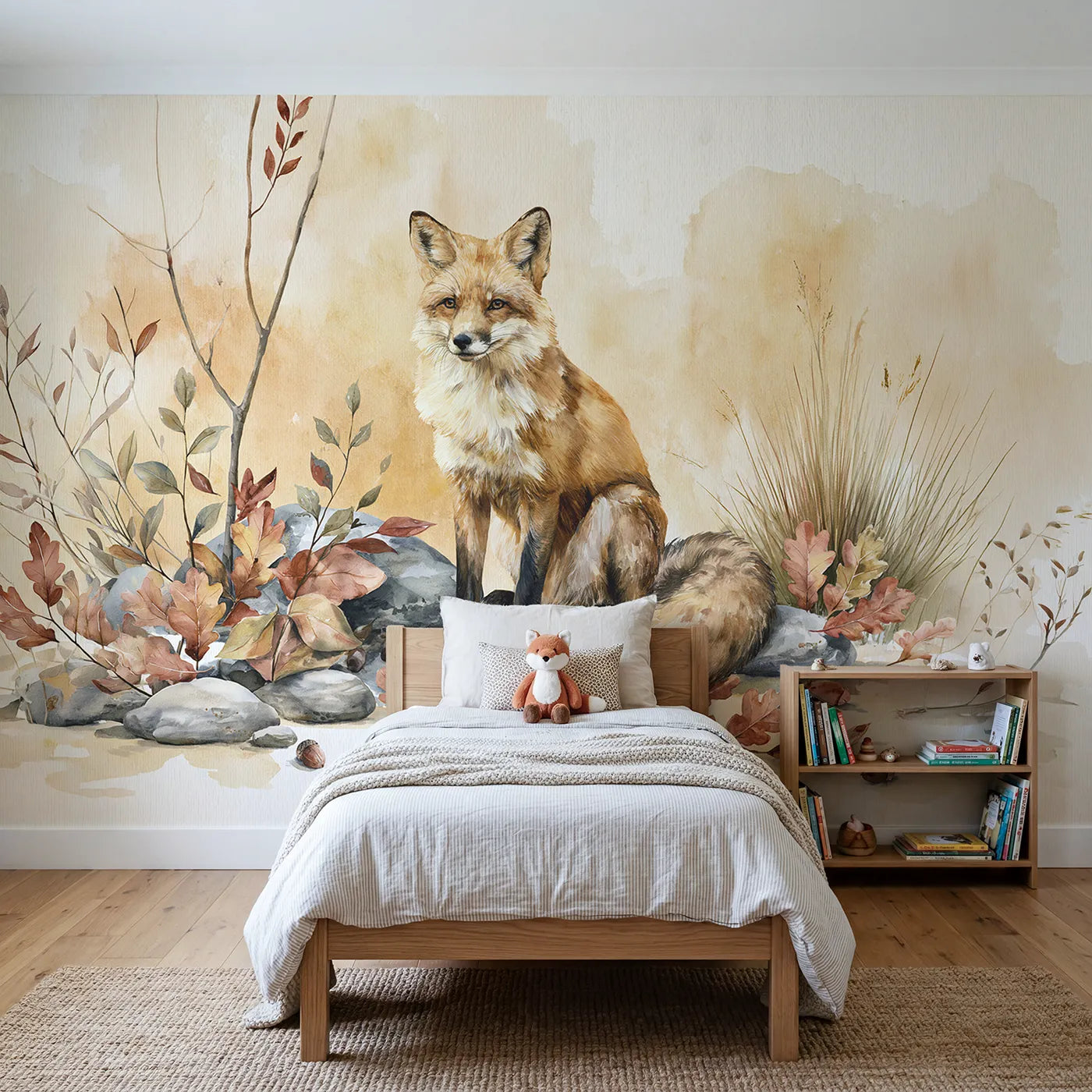 Watercolor wall mural of an autumn fox detail by Whimsy Tots