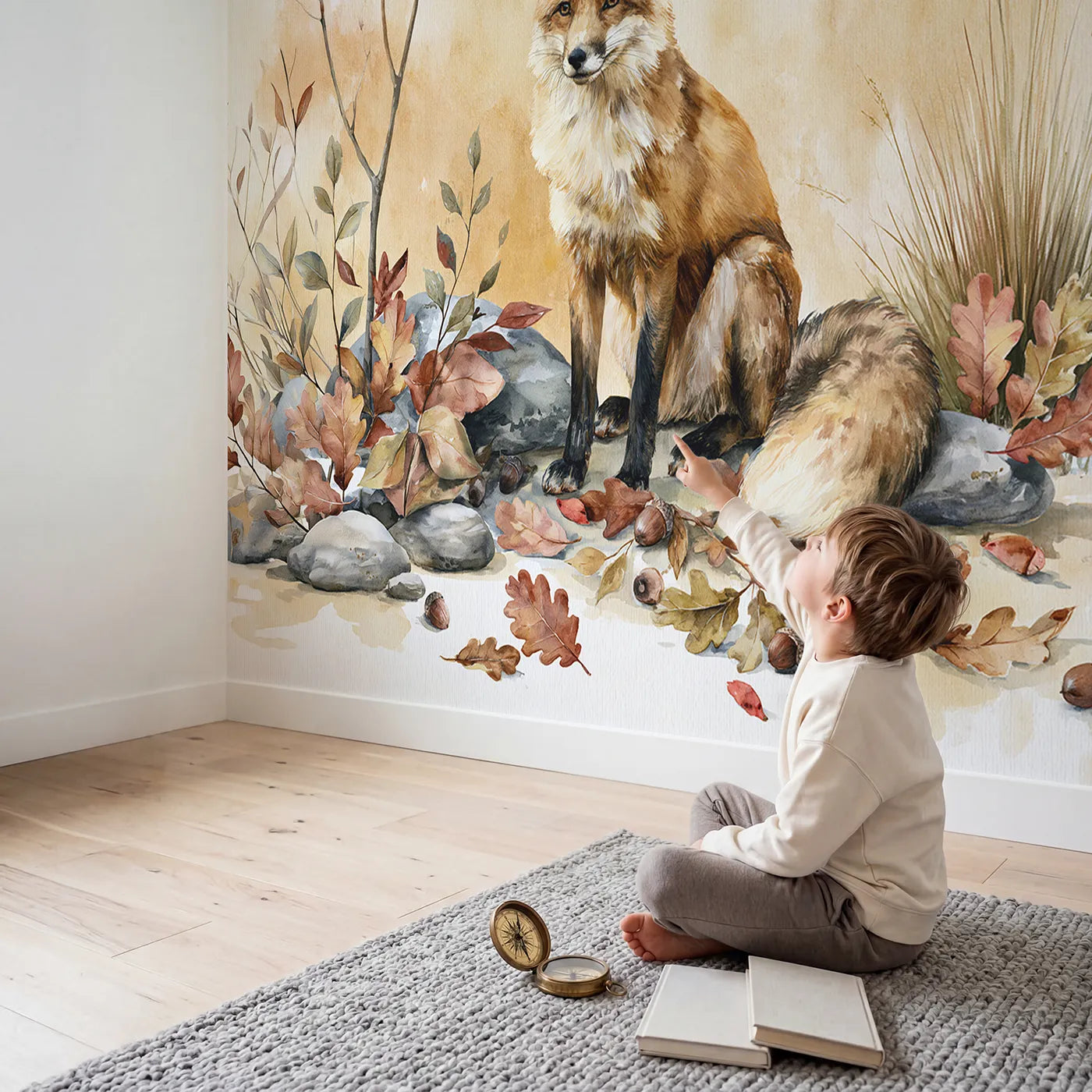Child in nursery with Autumn Fox Detail Wallpaper Mural by Whimsy Tots
