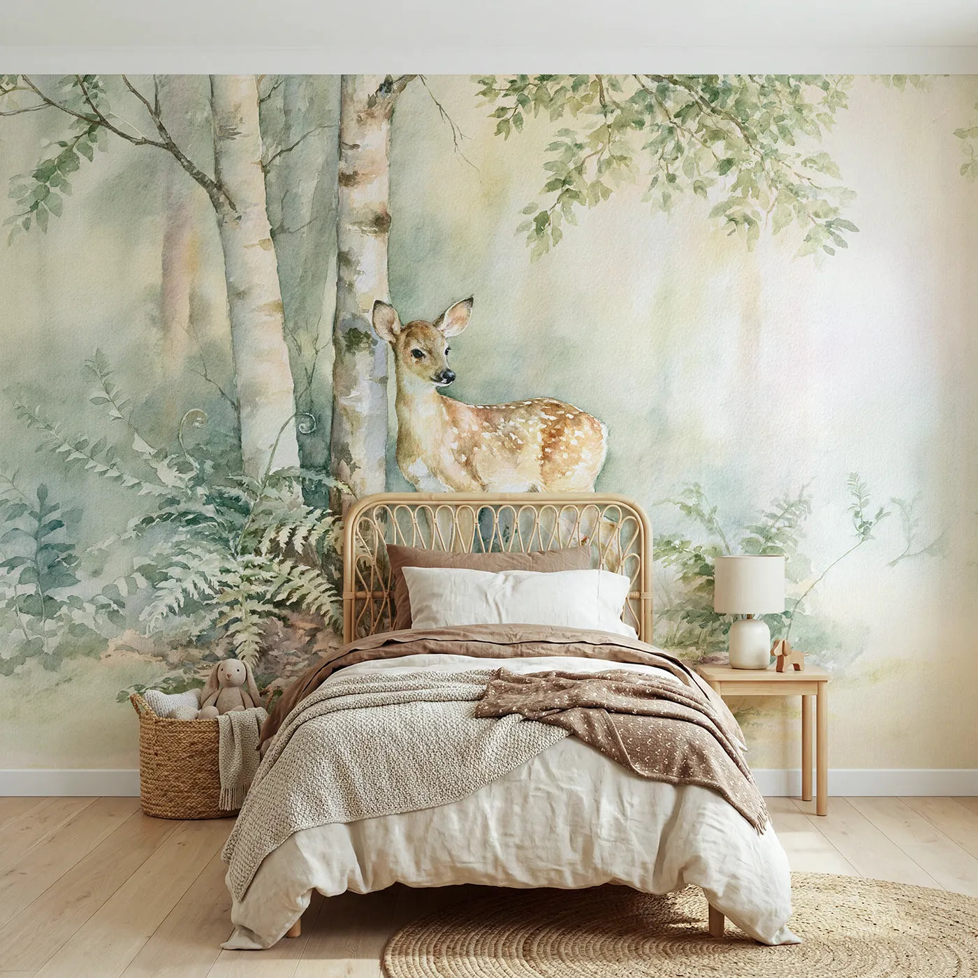 Watercolor wall mural of a deer beside birch by Whimsy Tots