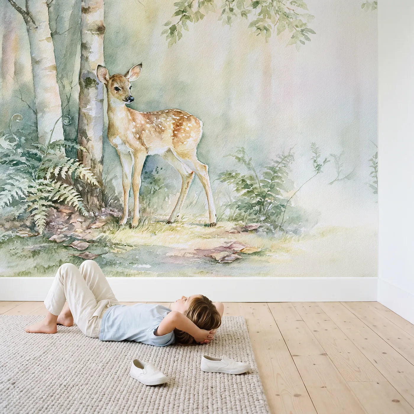 Child in nursery with Deer Birch Detail Wallpaper Mural by Whimsy Tots