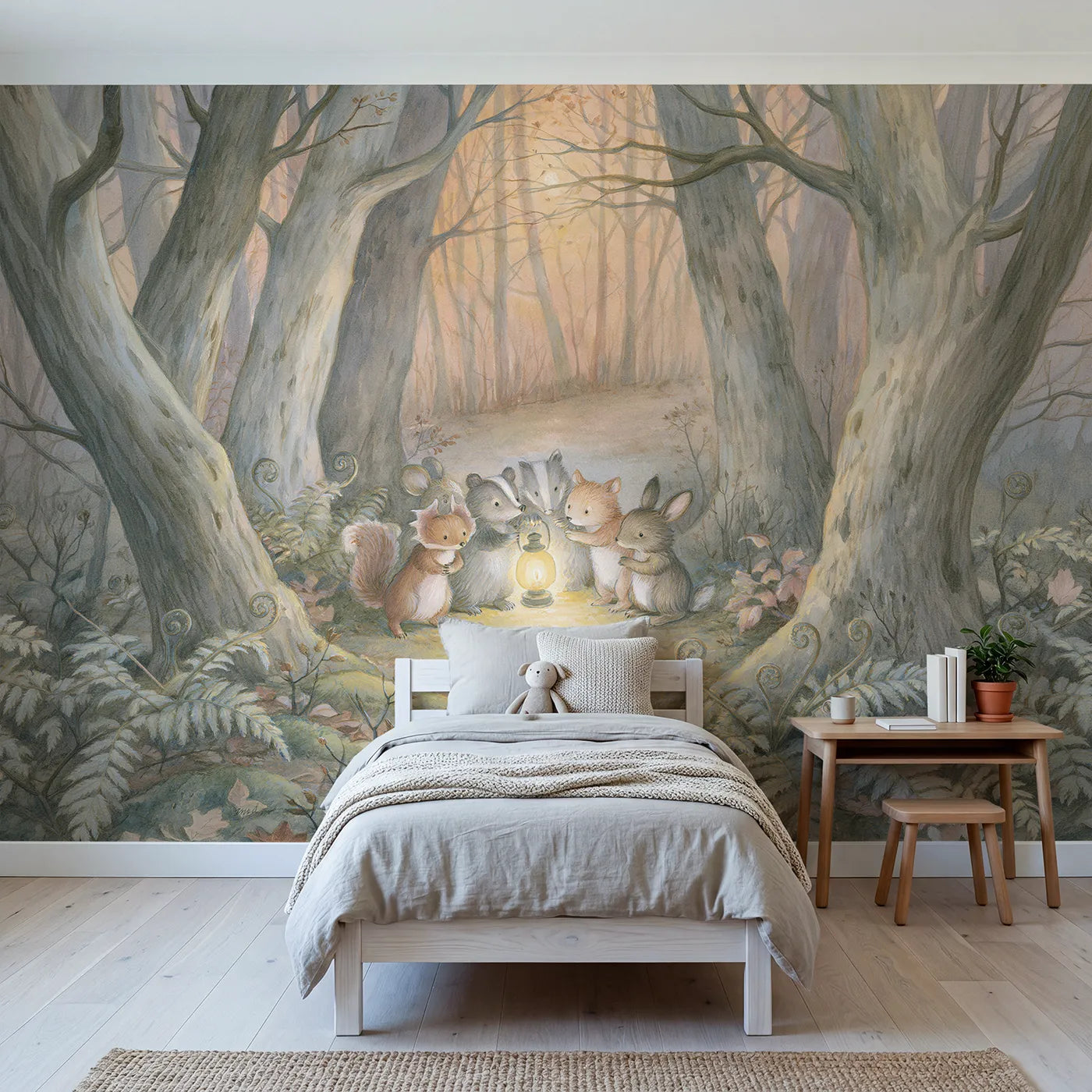 Storybook wall mural of a woodland lantern walk by Whimsy Tots