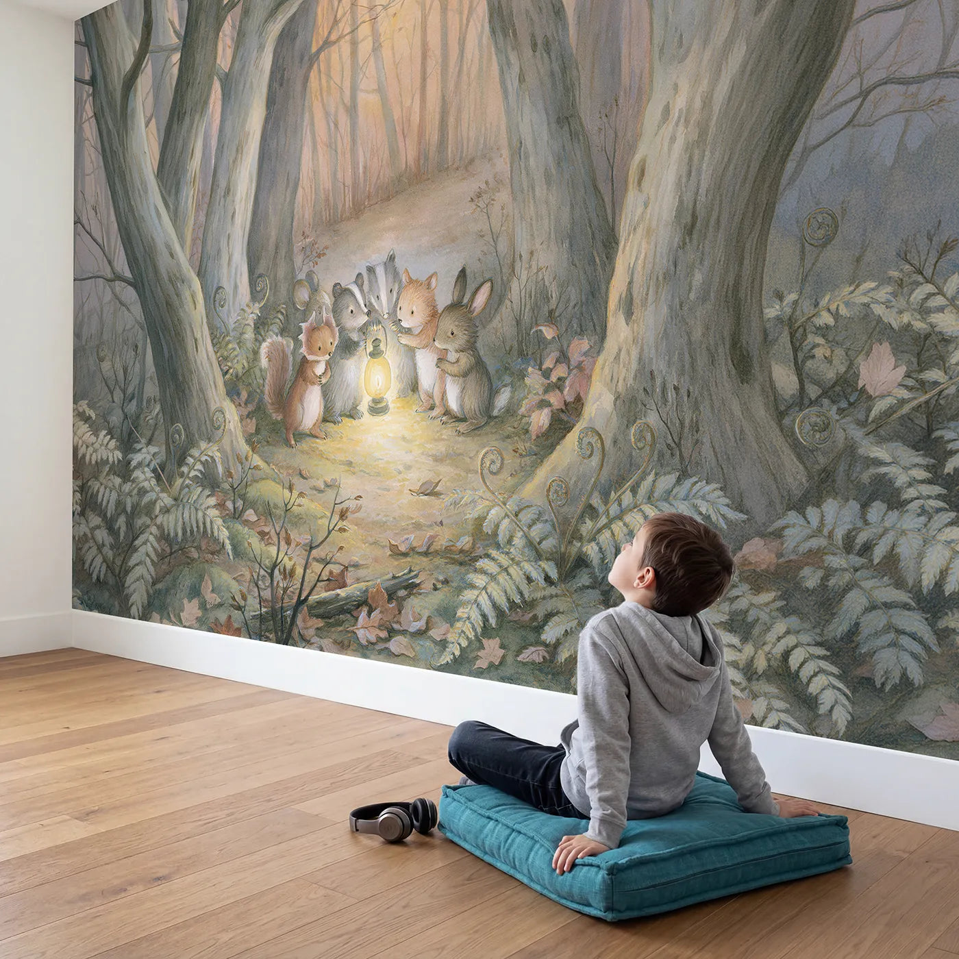 Child in nursery with Lantern Walk Friends Wallpaper Mural by Whimsy Tots