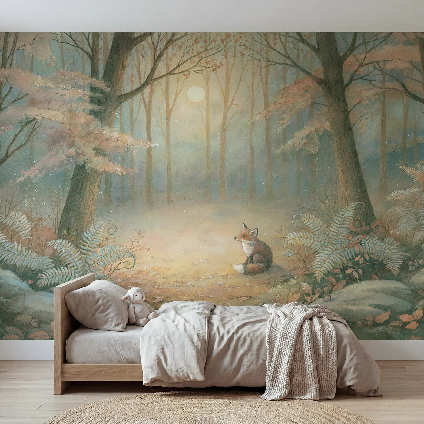 Storybook wall mural of a fox under a warm moon by Whimsy Tots