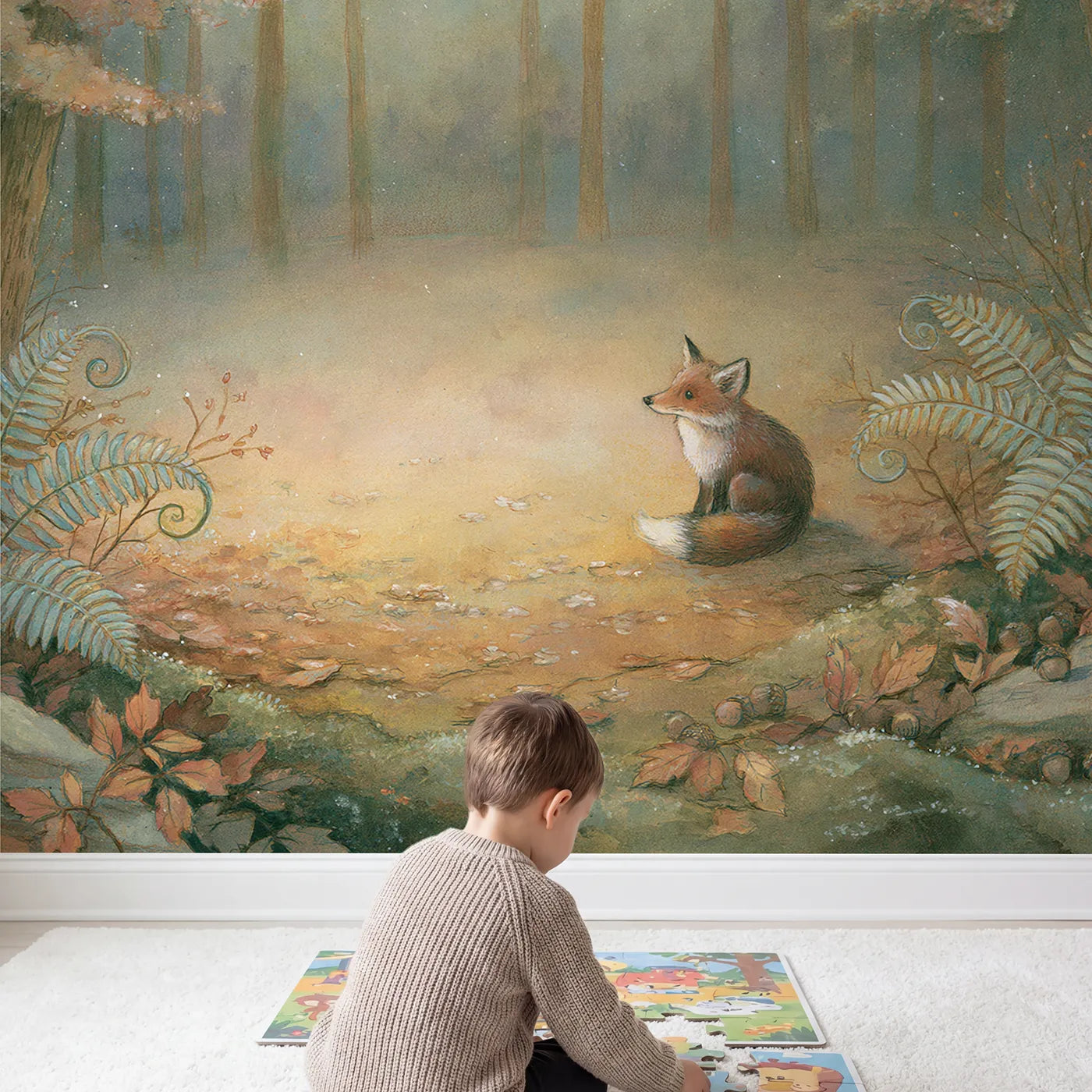 Child in nursery with Moonlit Forest Fox Wallpaper Mural by Whimsy Tots