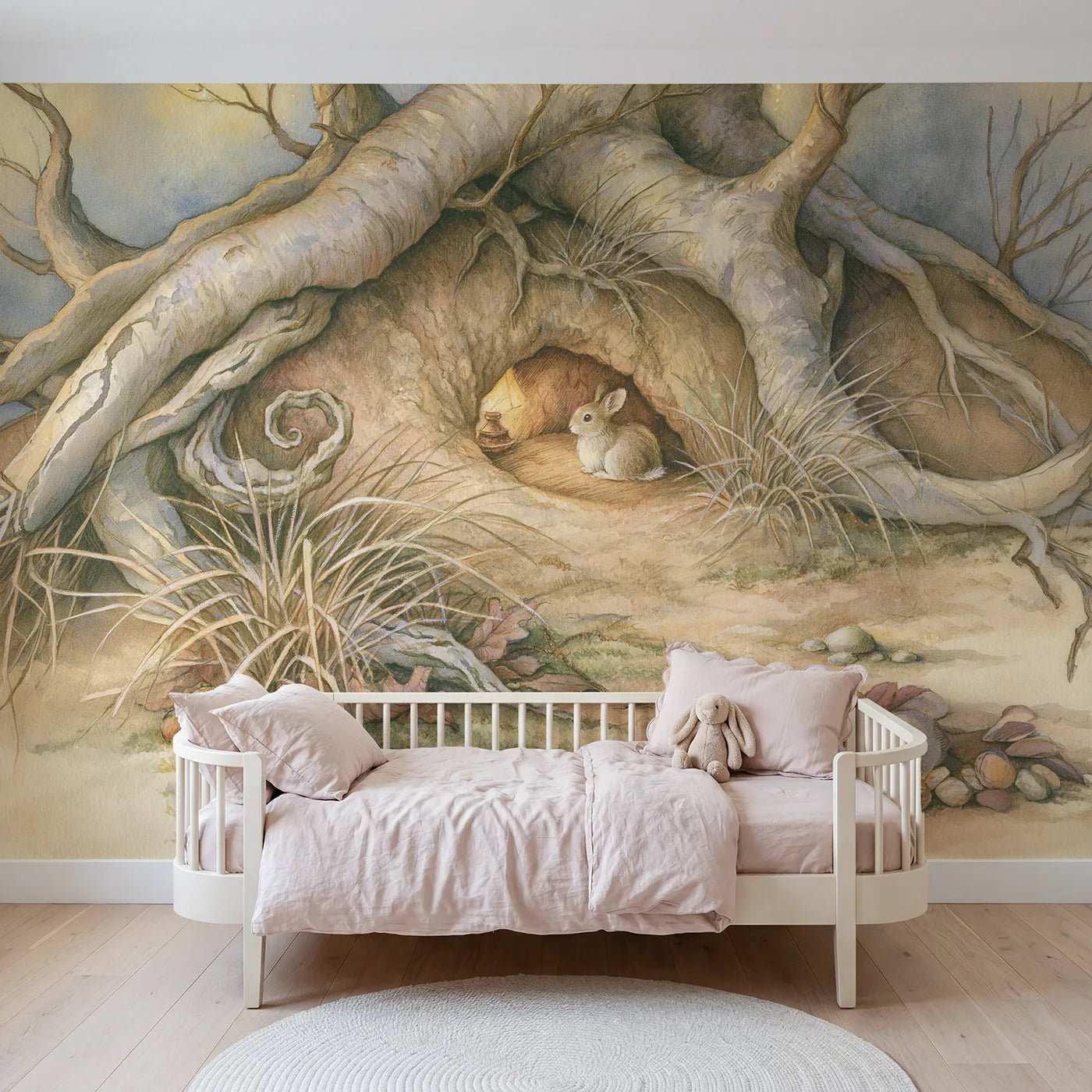 Storybook wall mural of a hidden burrow home by Whimsy Tots