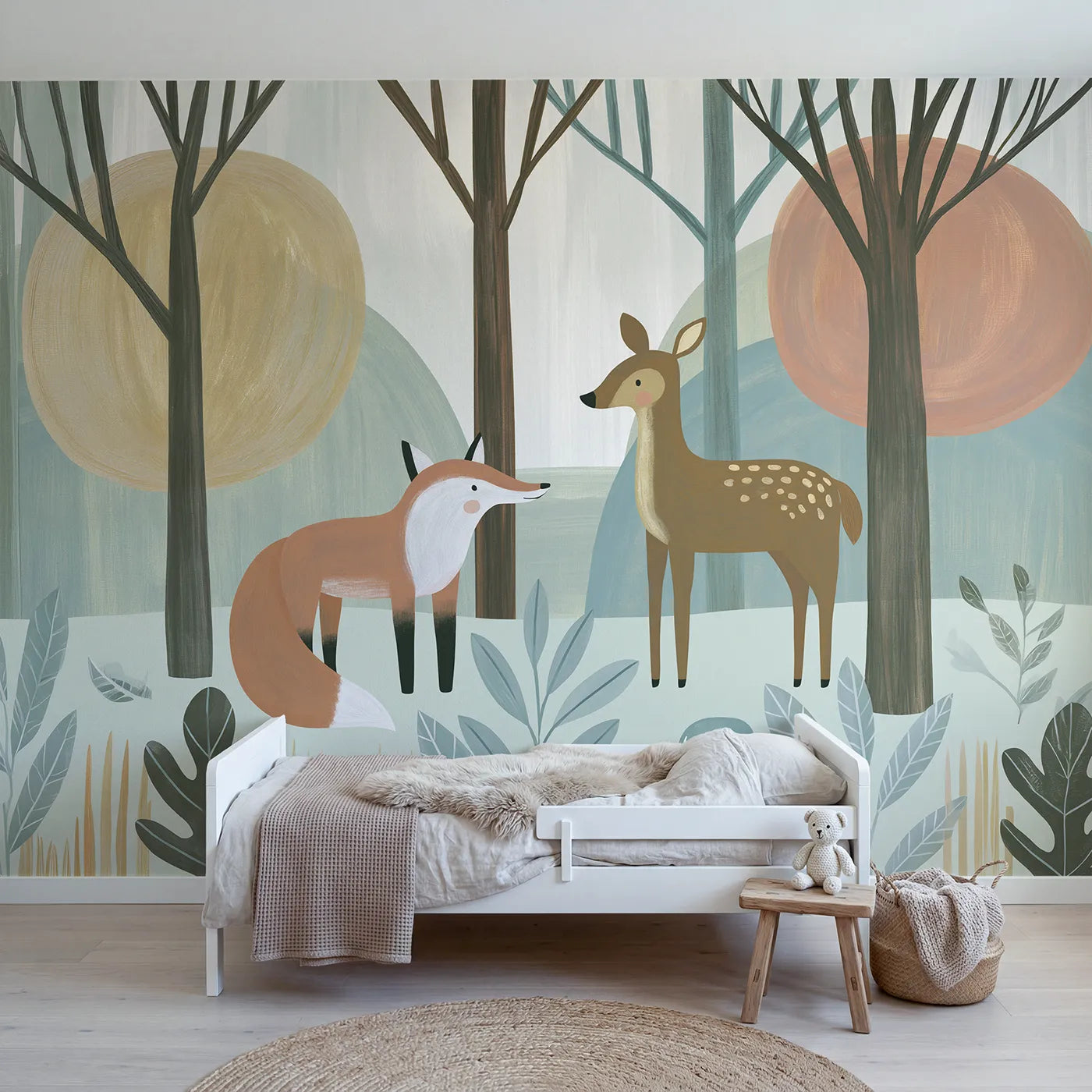 Gouache wall mural of a bold folk forest scene by Whimsy Tots