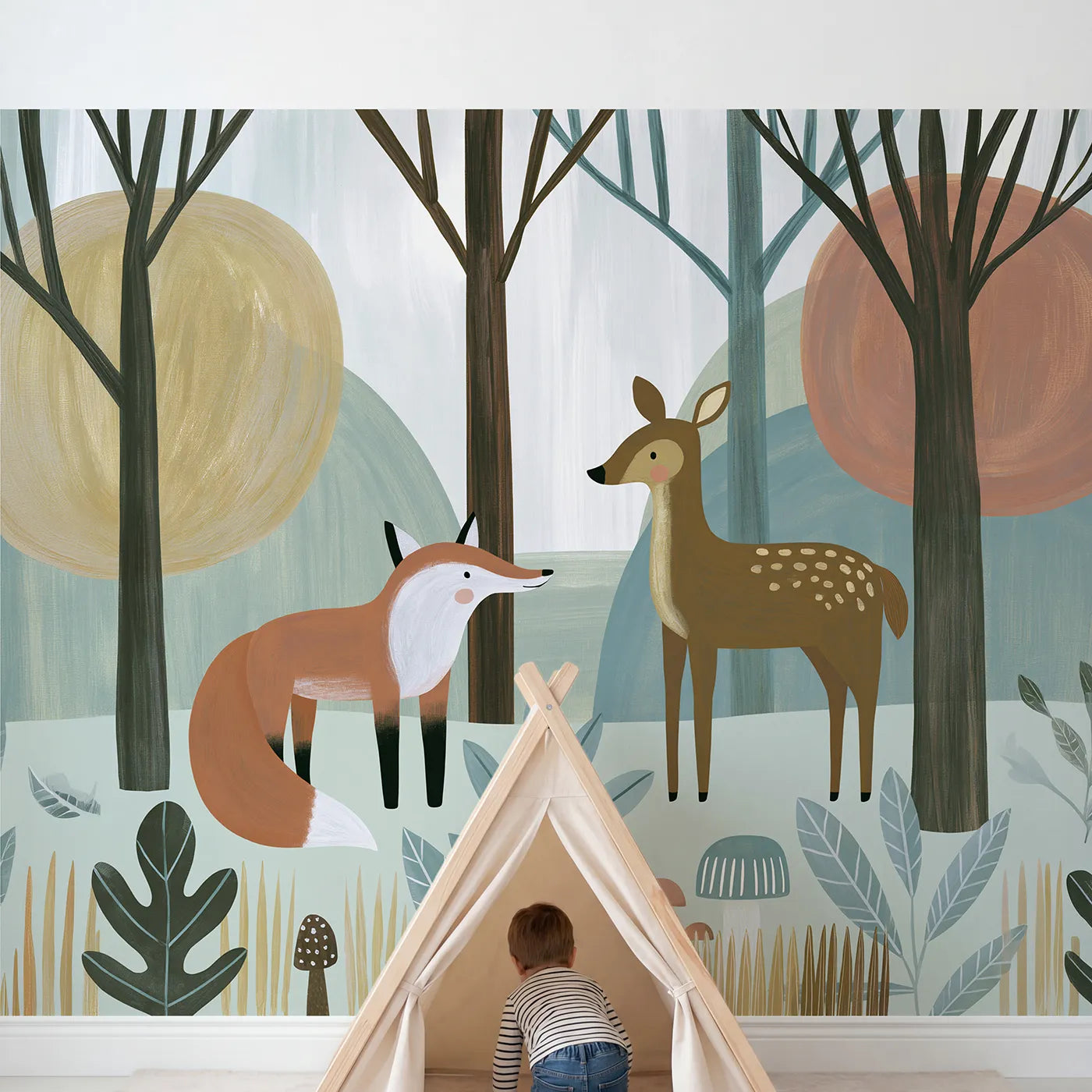 Child in nursery with Folk Forest Scene Wallpaper Mural by Whimsy Tots
