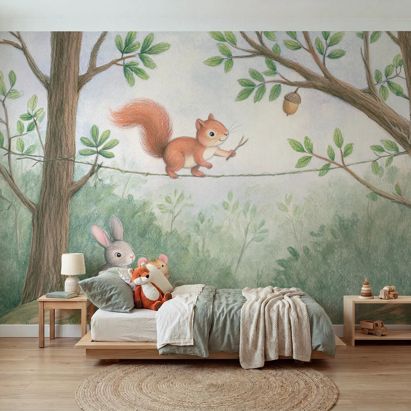 Colored Pencil squirrel crossing a vine tightrope, wall mural for a big-kid bedroom by Whimsy Tots