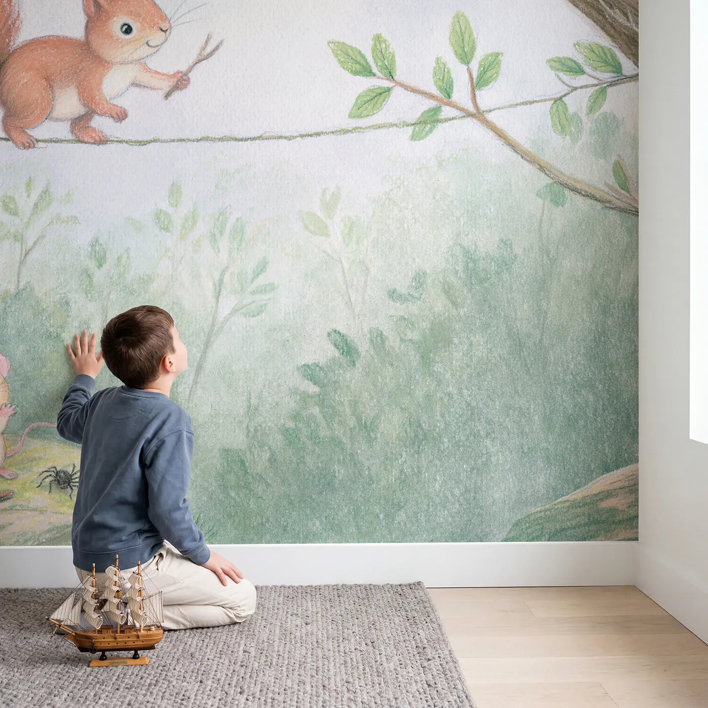 Child in nursery with Squirrel Vine Tightrope Wallpaper Mural by Whimsy Tots