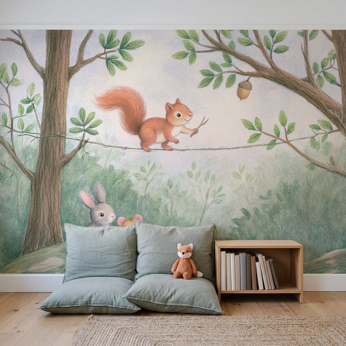 Squirrel Vine Tightrope Wallpaper Mural in playroom setting by Whimsy Tots