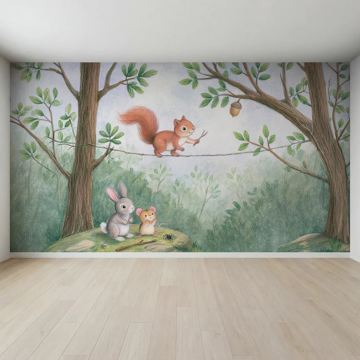 Full view of Squirrel Vine Tightrope Wallpaper Mural by Whimsy Tots