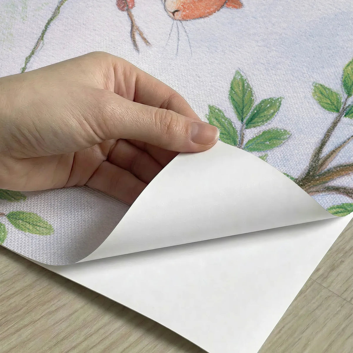 Peel-and-stick detail of Squirrel Vine Tightrope Wallpaper Mural by Whimsy Tots