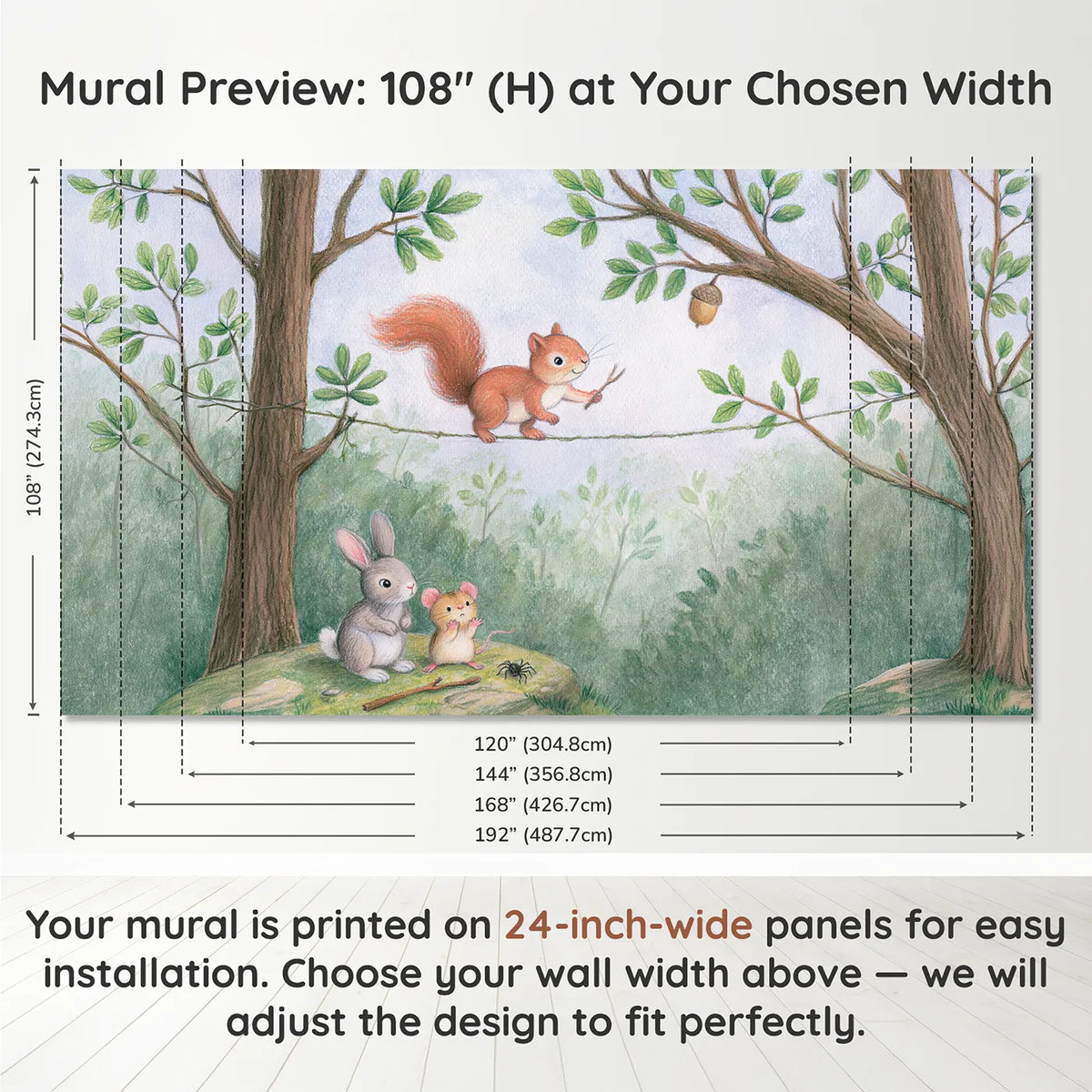 Panel layout and dimensions for Squirrel Vine Tightrope Wallpaper Mural by Whimsy Tots