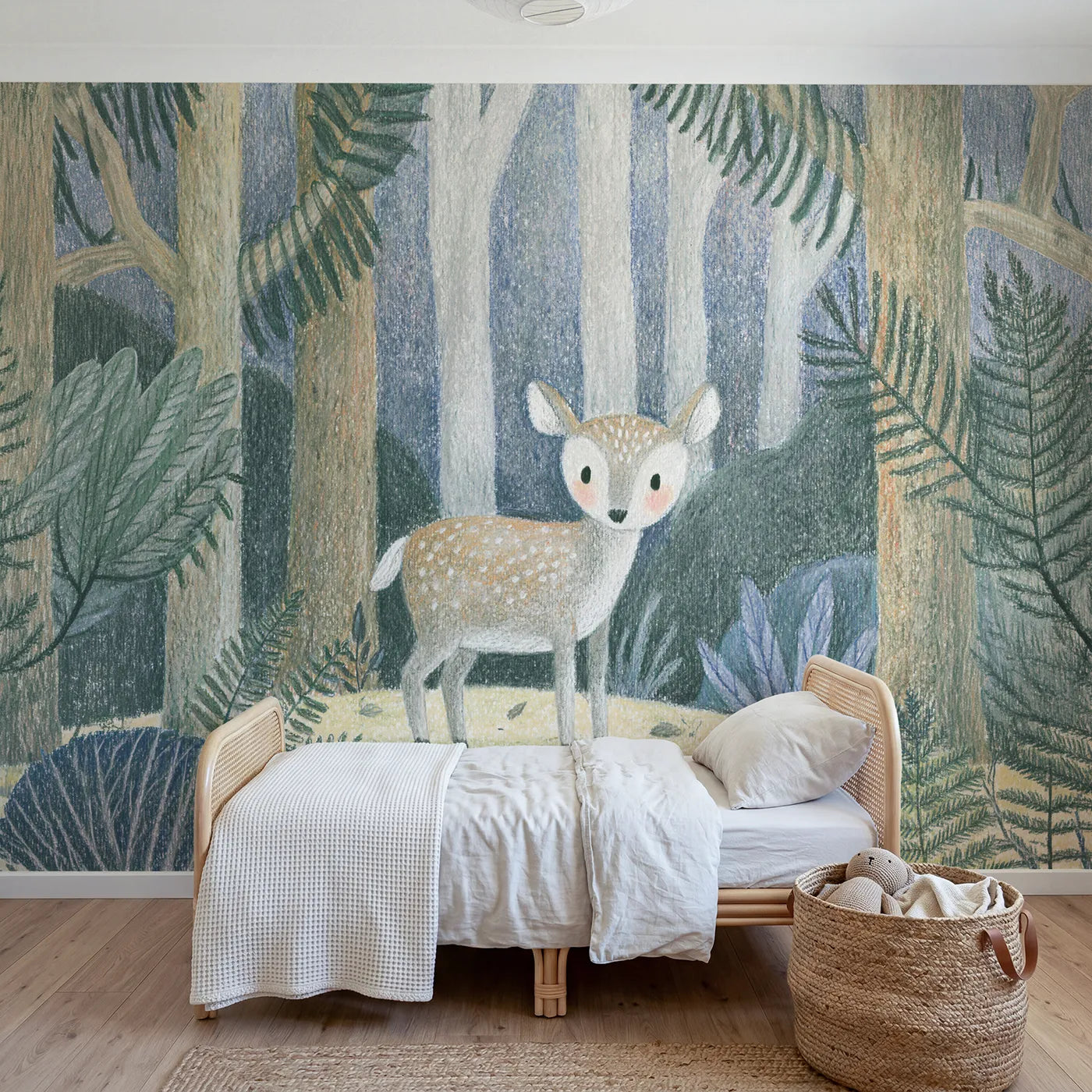 Colored-pencil wall mural of a graphite forest deer by Whimsy Tots