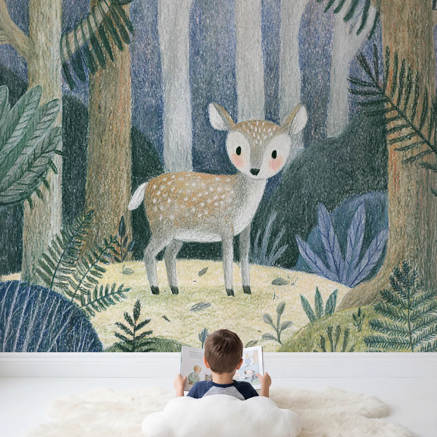 Child in nursery with Graphite Forest Deer Wallpaper Mural by Whimsy Tots
