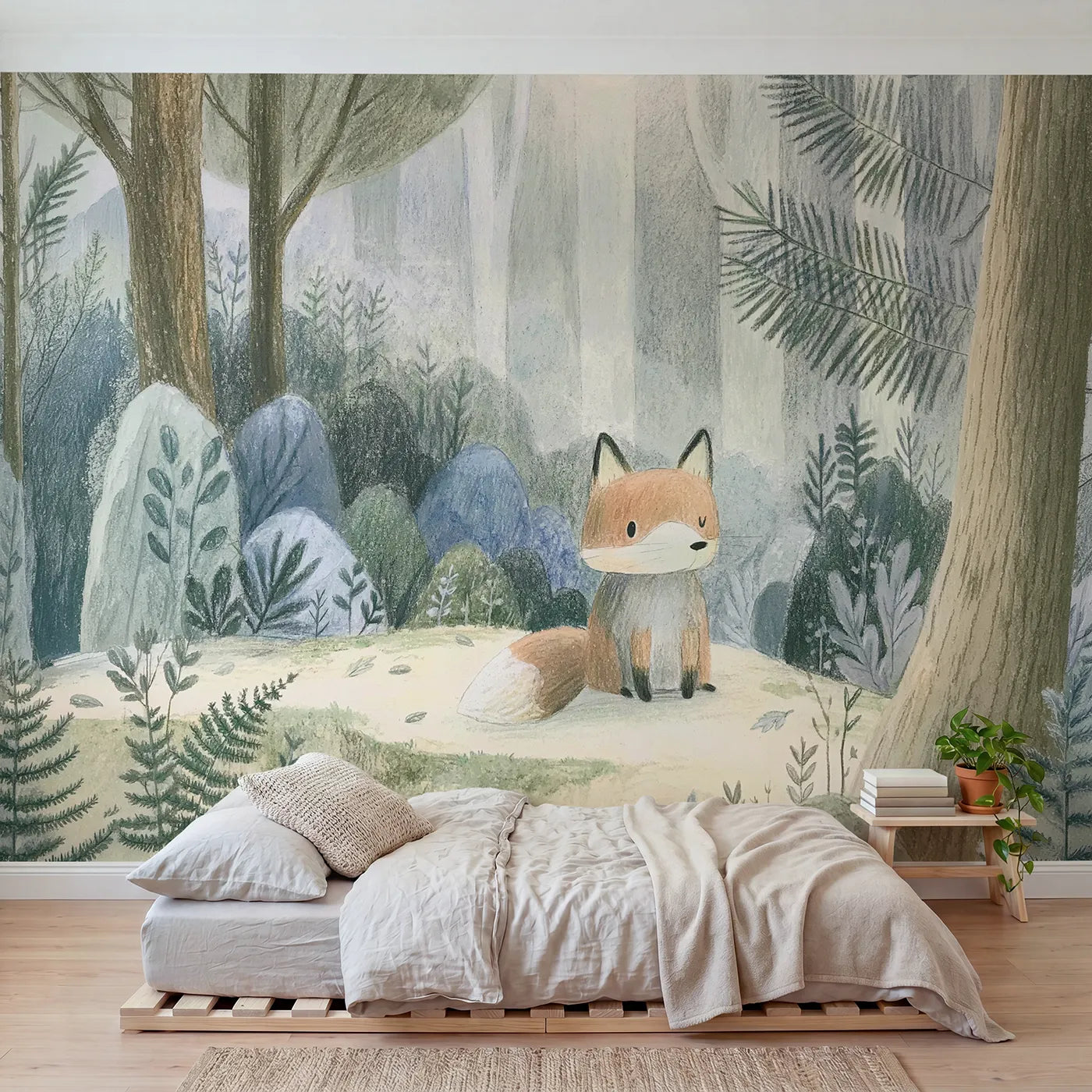 Colored-pencil wall mural of a tender woodland fox by Whimsy Tots
