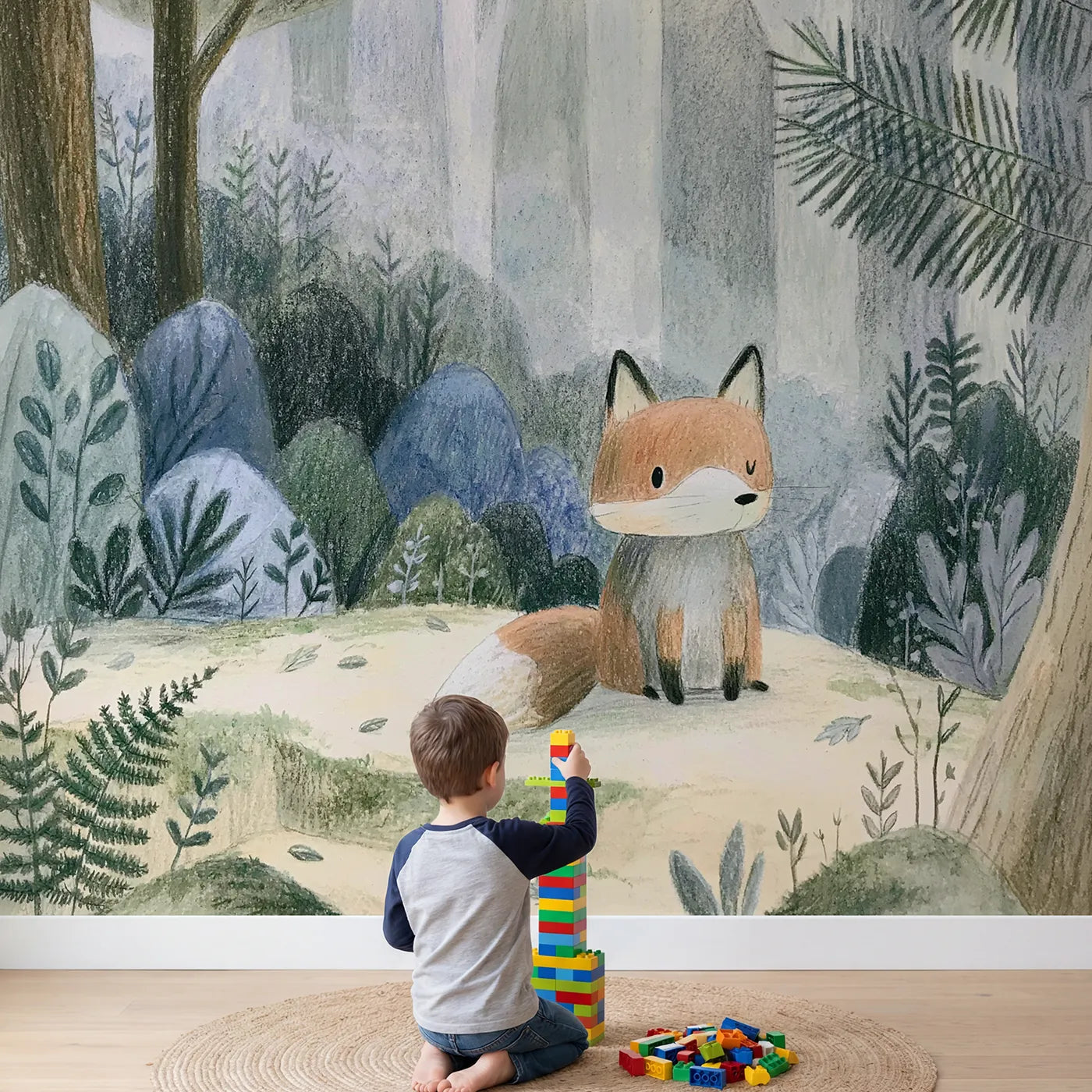 Child in nursery with Pencil Woodland Fox Wallpaper Mural by Whimsy Tots