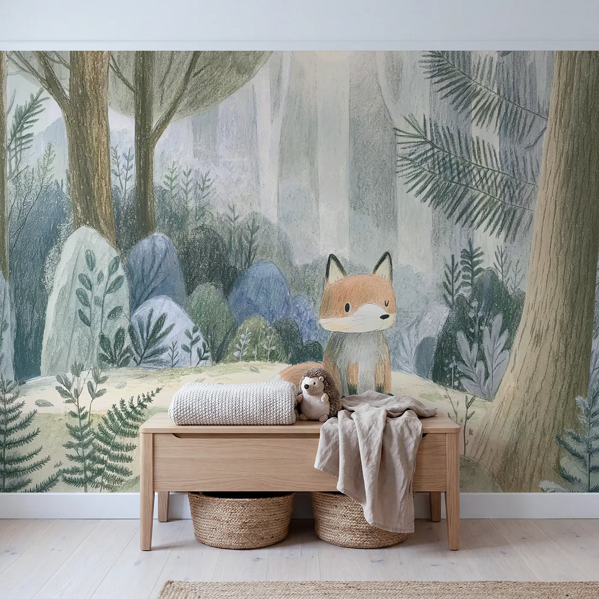 Pencil Woodland Fox Wallpaper Mural in playroom setting by Whimsy Tots