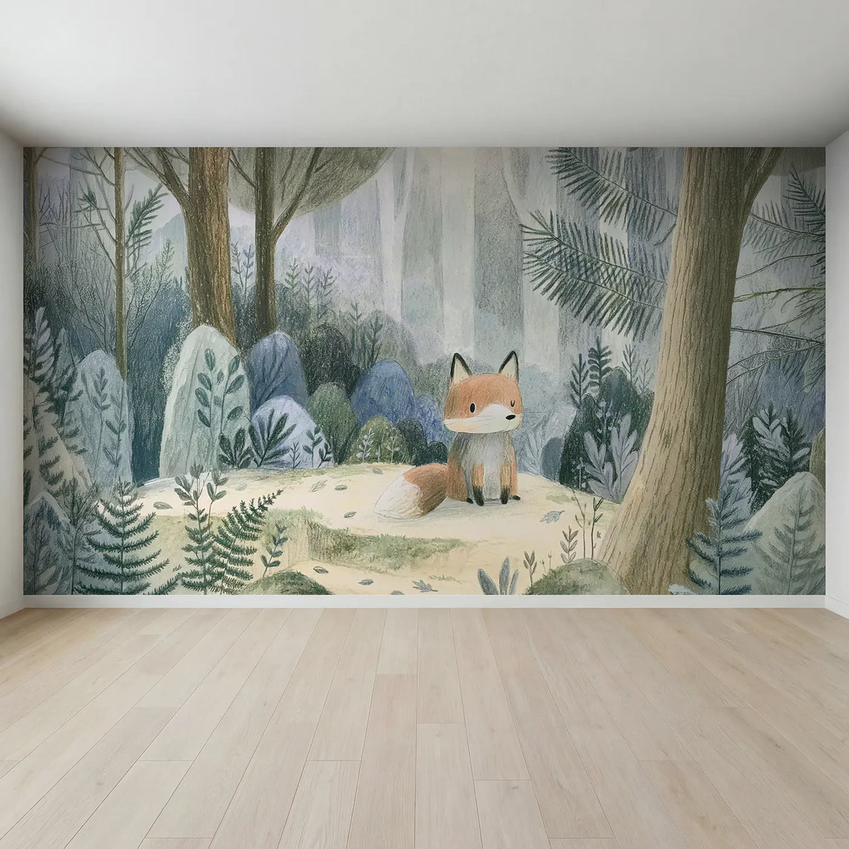 Full view of Pencil Woodland Fox Wallpaper Mural by Whimsy Tots