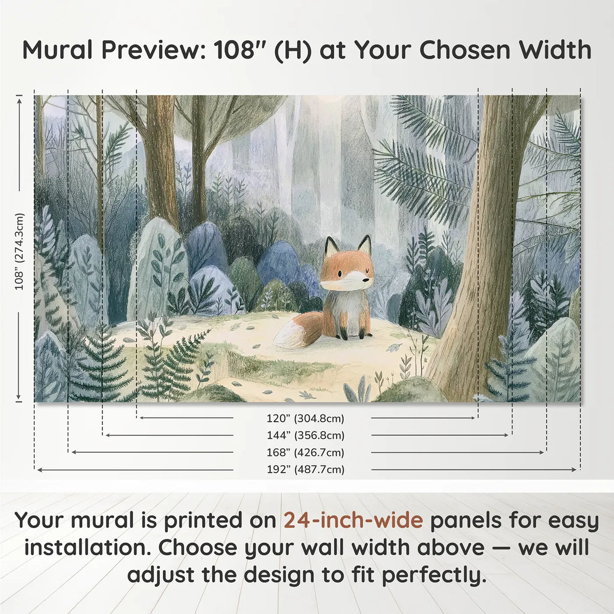 Panel layout and dimensions for Pencil Woodland Fox Wallpaper Mural by Whimsy Tots