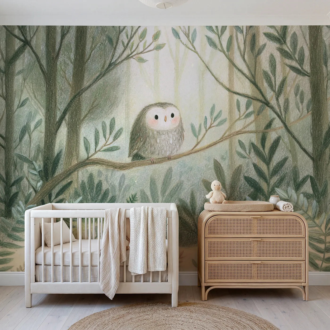 Pencil-and-pastel wall mural of a calm sketched owl by Whimsy Tots
