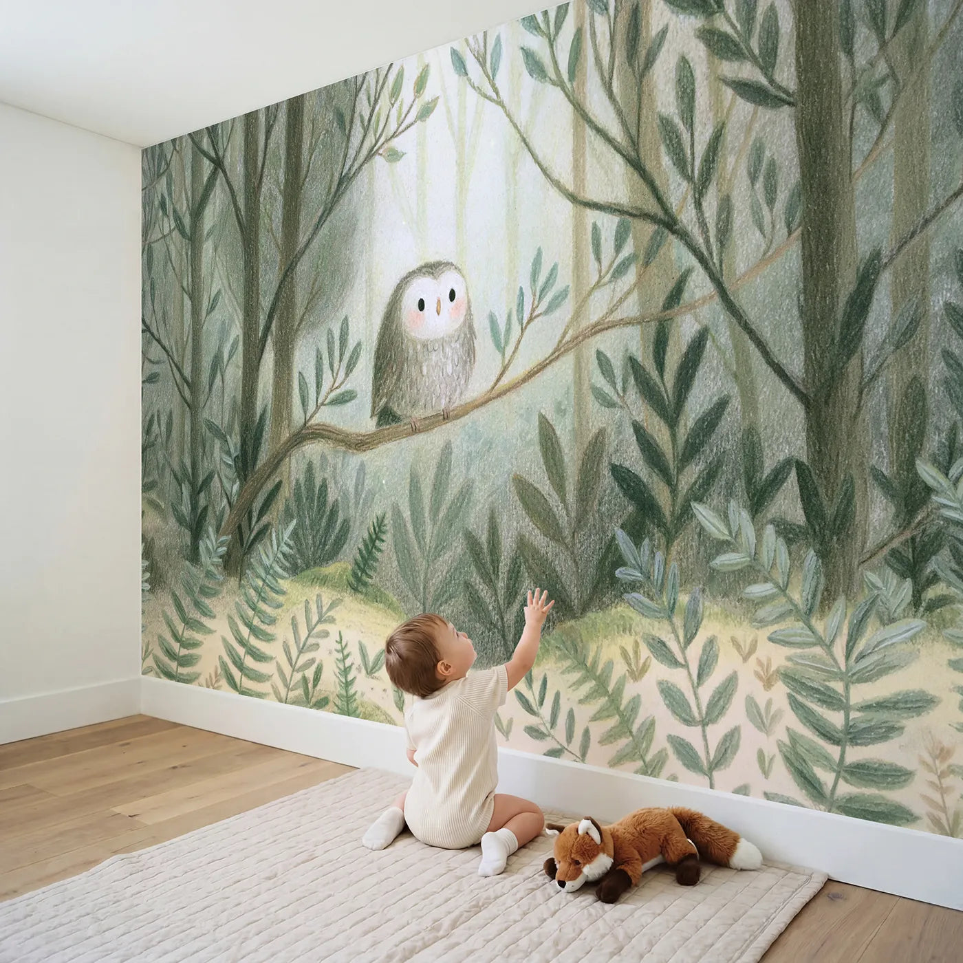 Child in nursery with Soft Sketch Owl Wallpaper Mural by Whimsy Tots