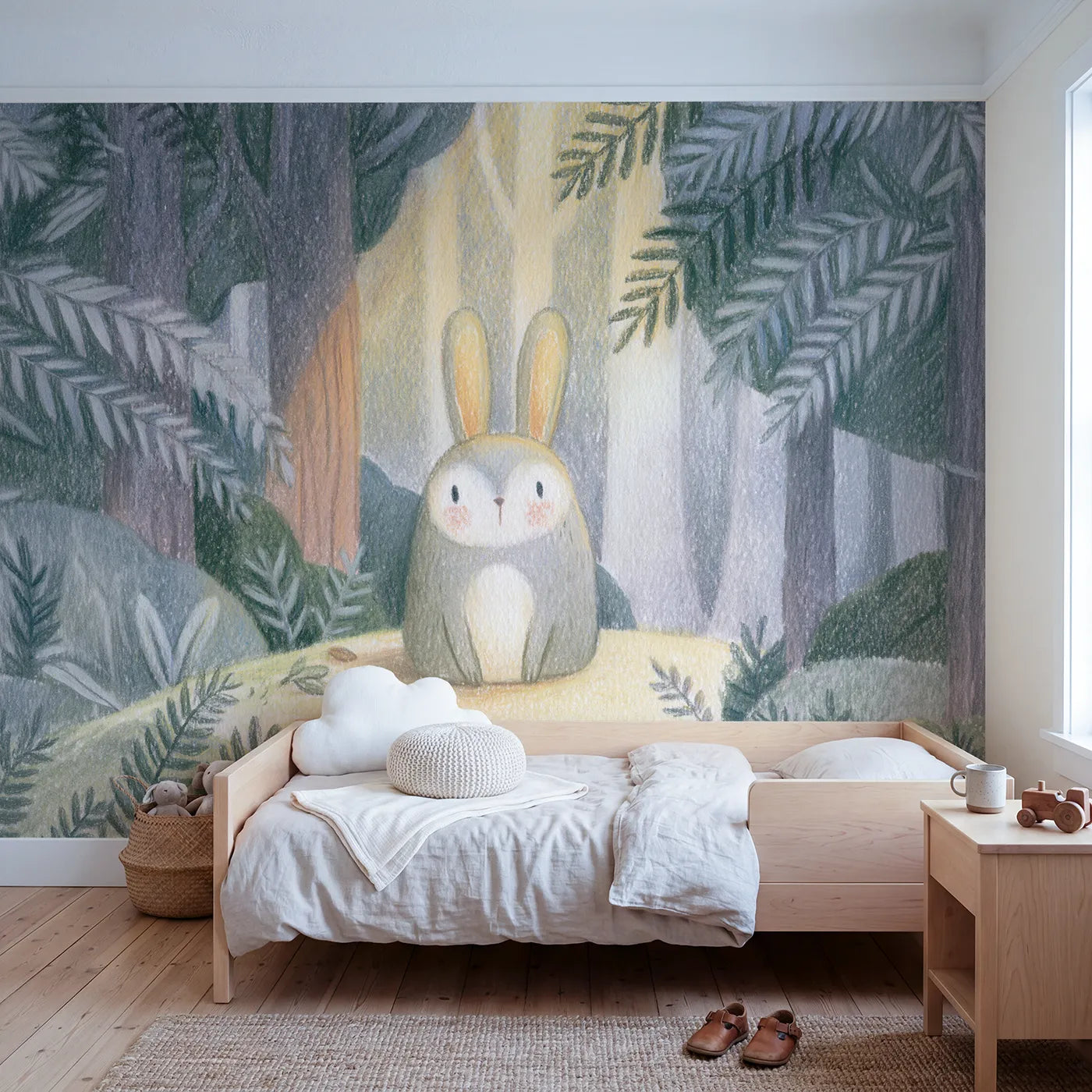 Colored-pencil wall mural of a still forest hare by Whimsy Tots