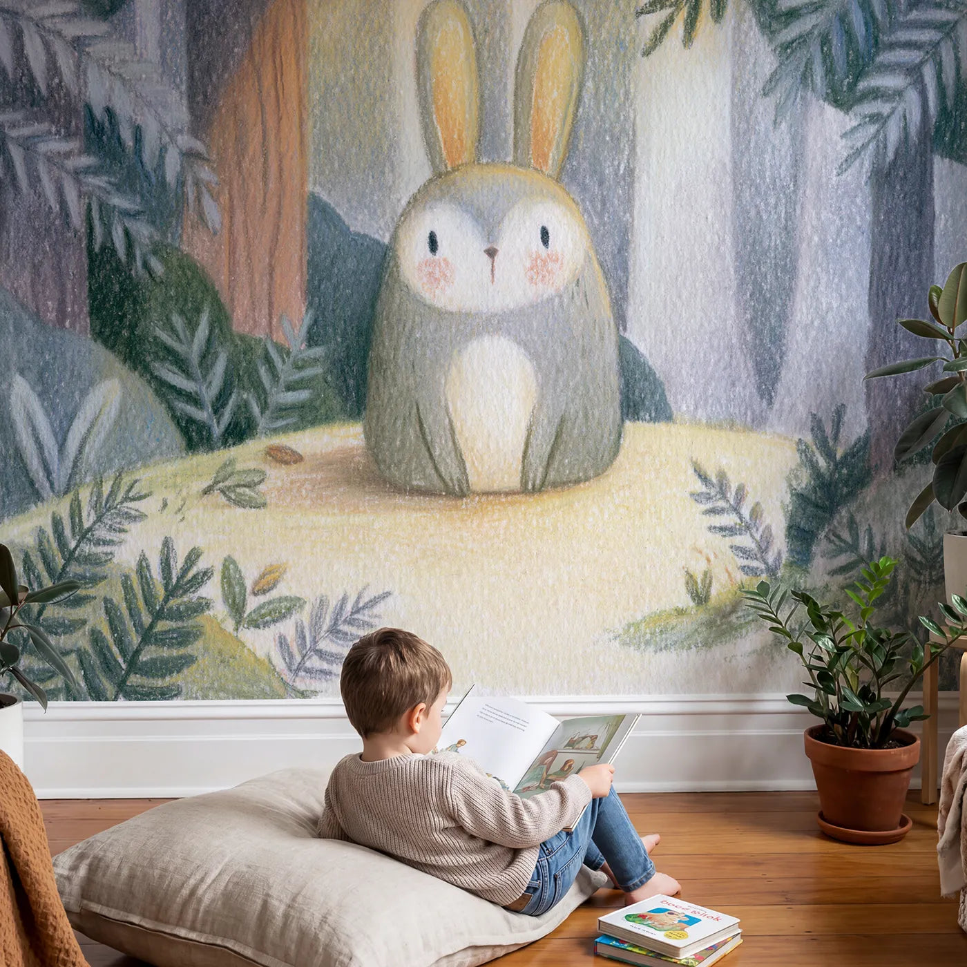 Child in nursery with Pencil Forest Hare Wallpaper Mural by Whimsy Tots
