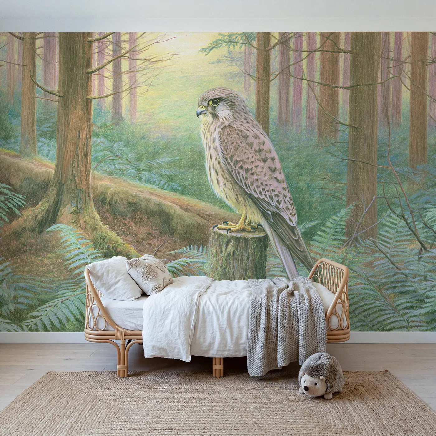 Woodland wall mural of a watchful kestrel in dappled light by Whimsy Tots