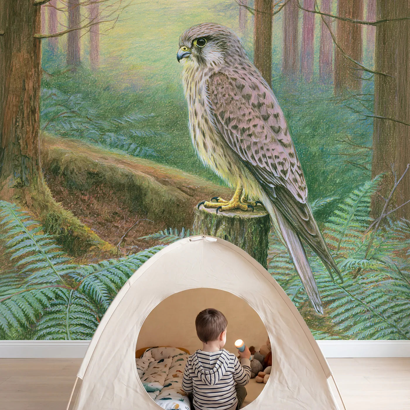 Child in nursery with Soft Woodland Kestrel Wallpaper Mural by Whimsy Tots