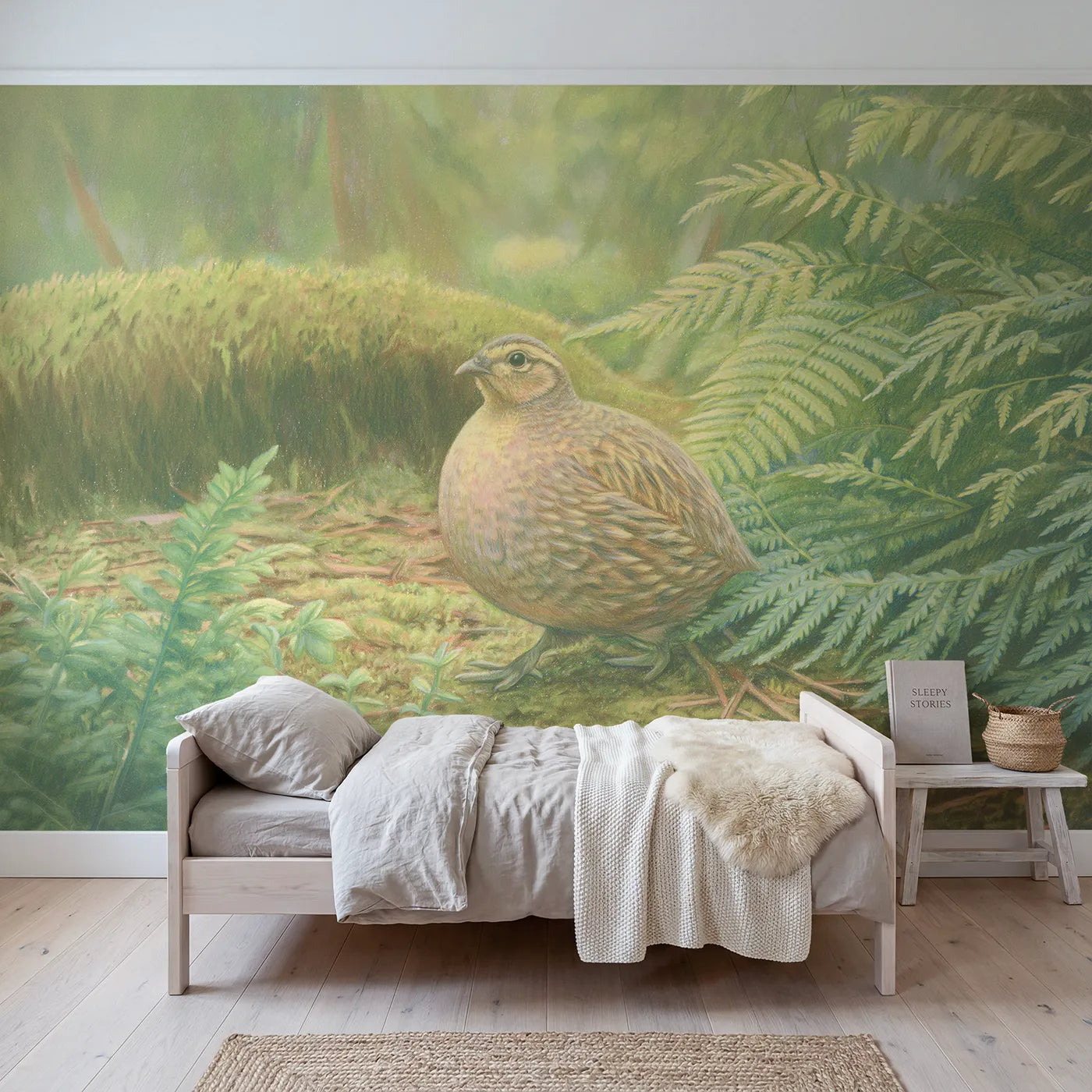 Woodland wall mural of a gentle round partridge by Whimsy Tots