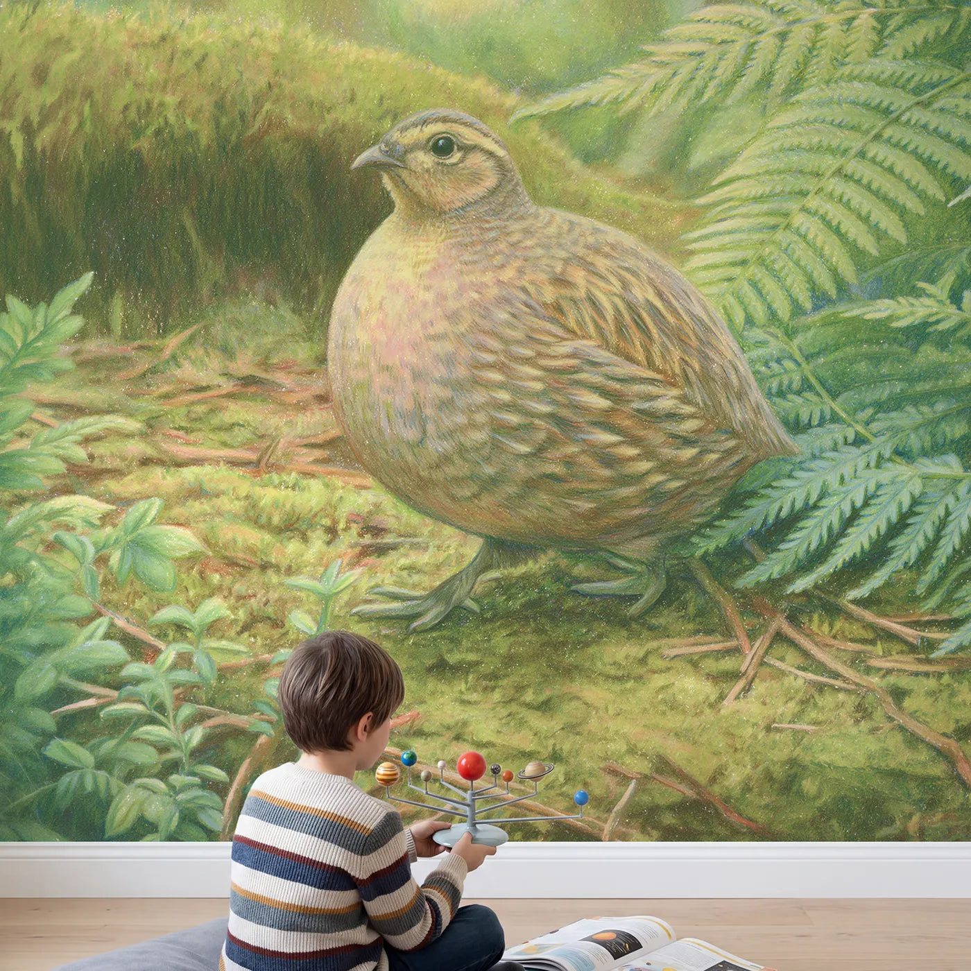 Child in nursery with Gentle Woodland Partridge Wallpaper Mural by Whimsy Tots