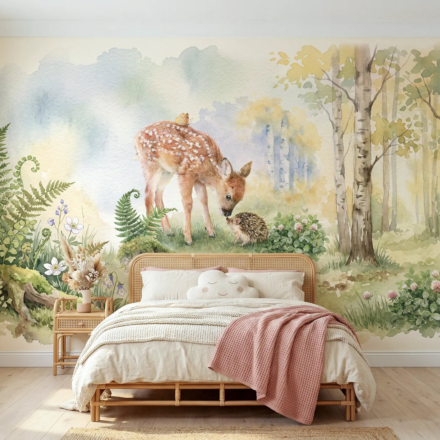Watercolor fawn greeting a small hedgehog, wall mural for a toddler room by Whimsy Tots