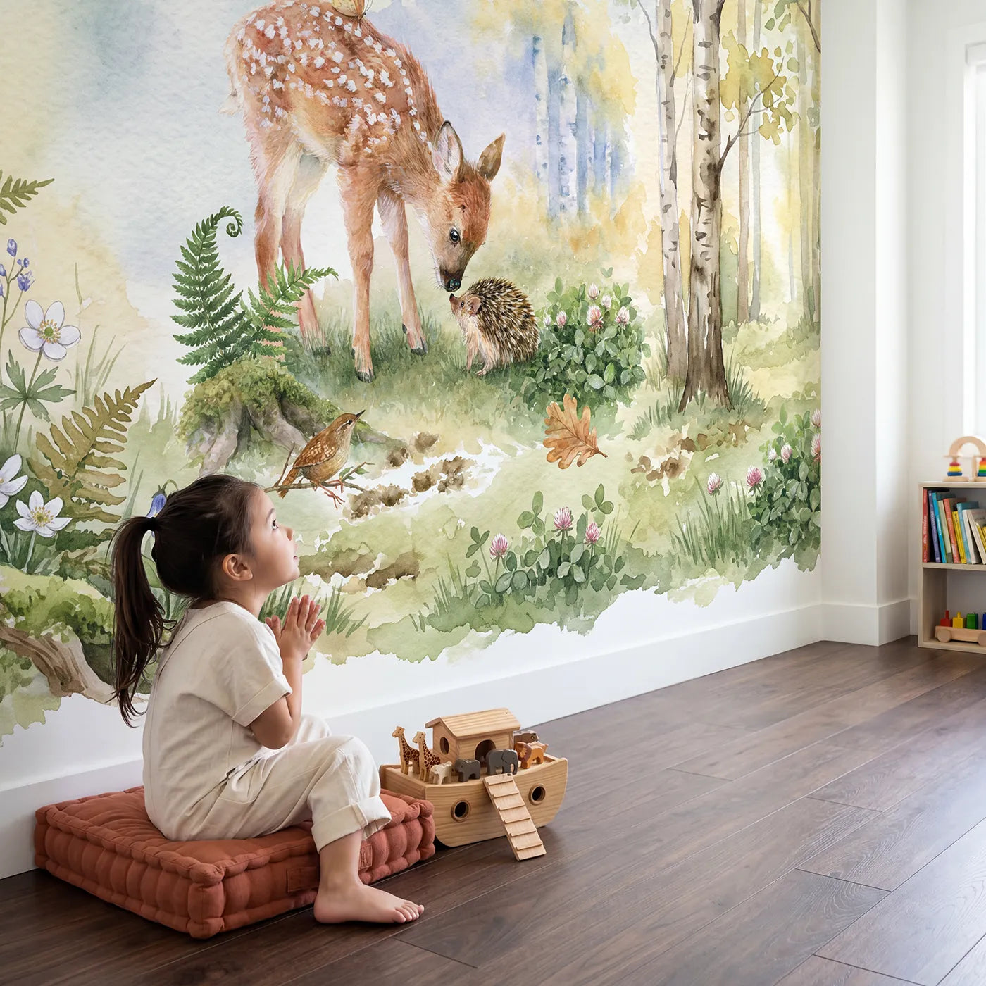 Child in nursery with Fawn Meets the Hedgehog Wallpaper Mural by Whimsy Tots
