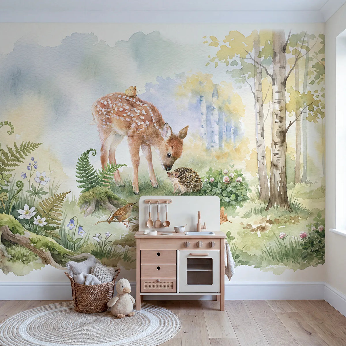 Fawn Meets the Hedgehog Wallpaper Mural in playroom setting by Whimsy Tots