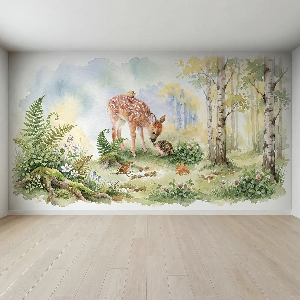 Full view of Fawn Meets the Hedgehog Wallpaper Mural by Whimsy Tots