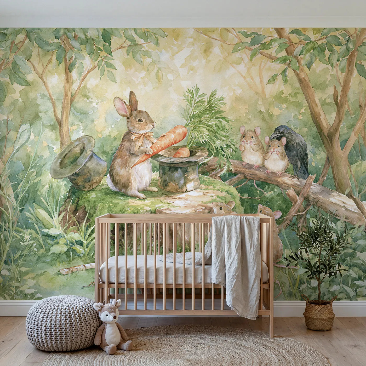Watercolor rabbit magician with a carrot and top hat, wall mural for a playroom by Whimsy Tots