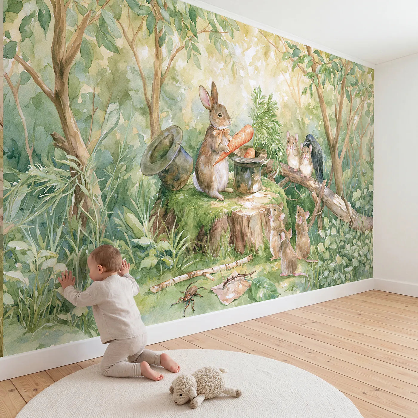 Child in nursery with The Rabbit Magician Wallpaper Mural by Whimsy Tots