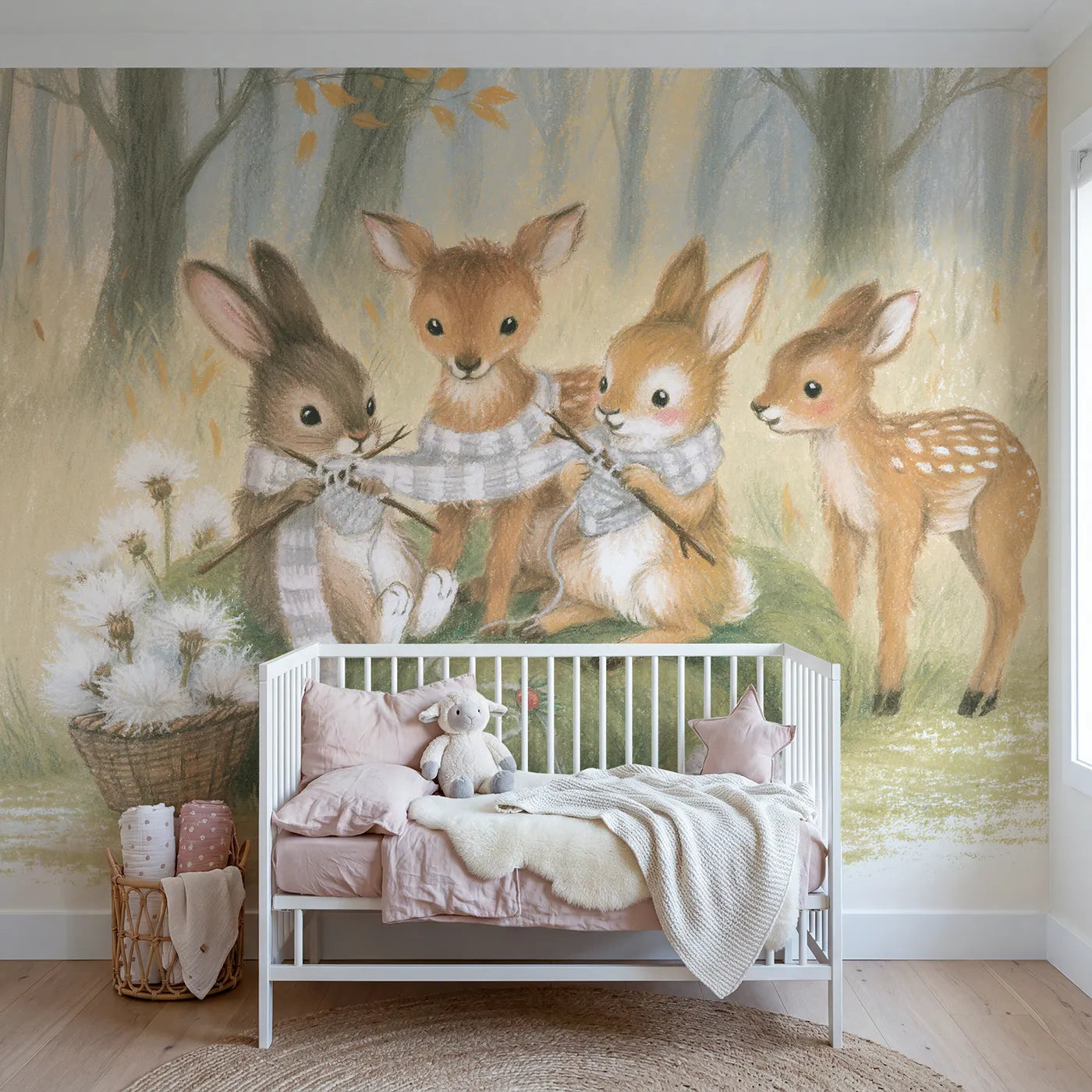 Colored Pencil rabbits knitting a striped scarf, wall mural for a kids room by Whimsy Tots