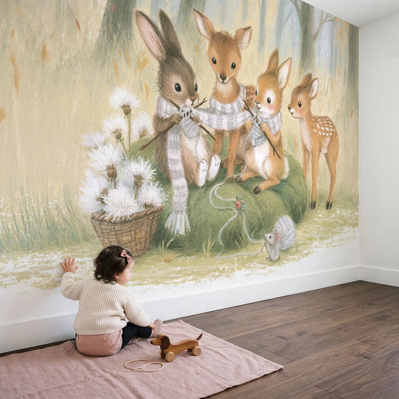 Child in nursery with Rabbit Scarf Knitters Wallpaper Mural by Whimsy Tots