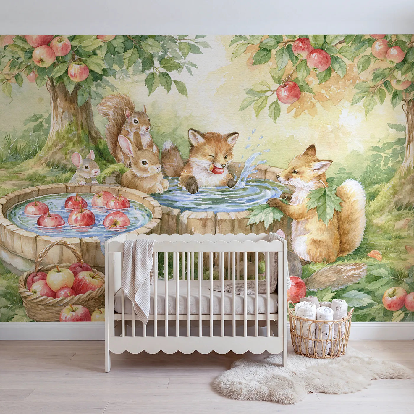 Watercolor fox cub apple bobbing at an oak barrel, wall mural for a playroom by Whimsy Tots