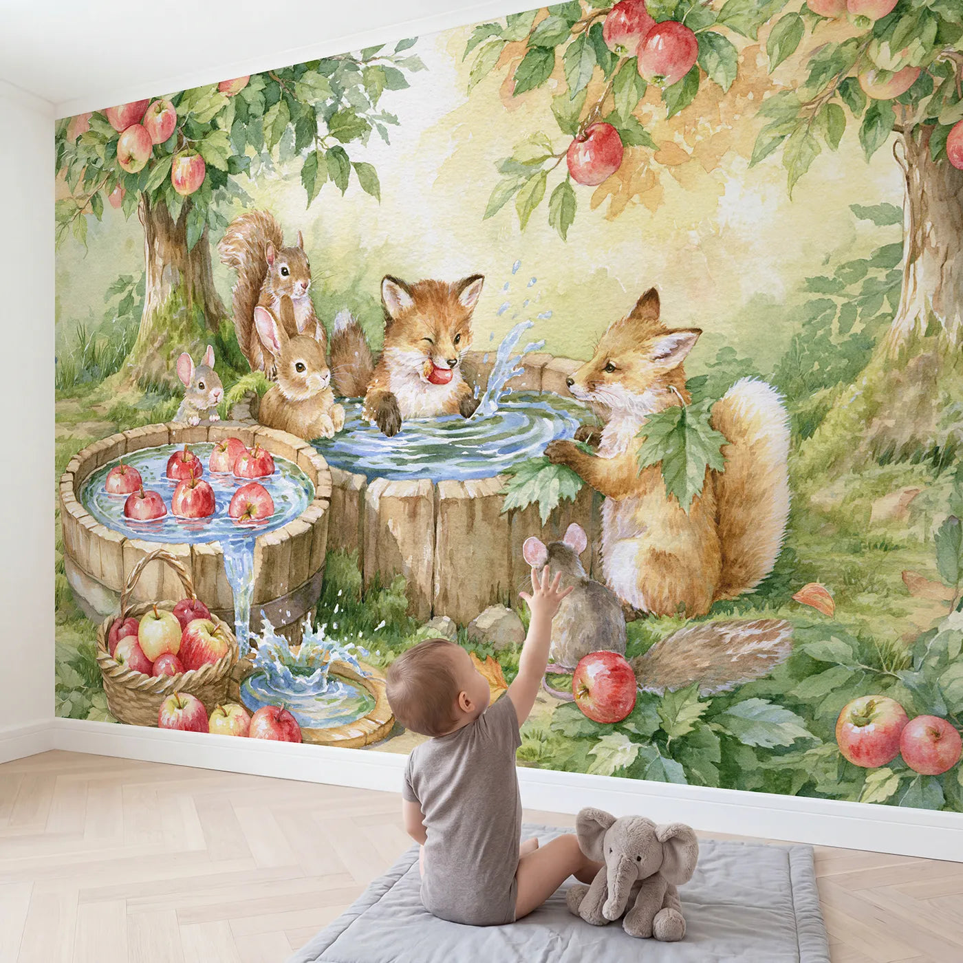 Child in nursery with Woodland Apple Bobbing Wallpaper Mural by Whimsy Tots