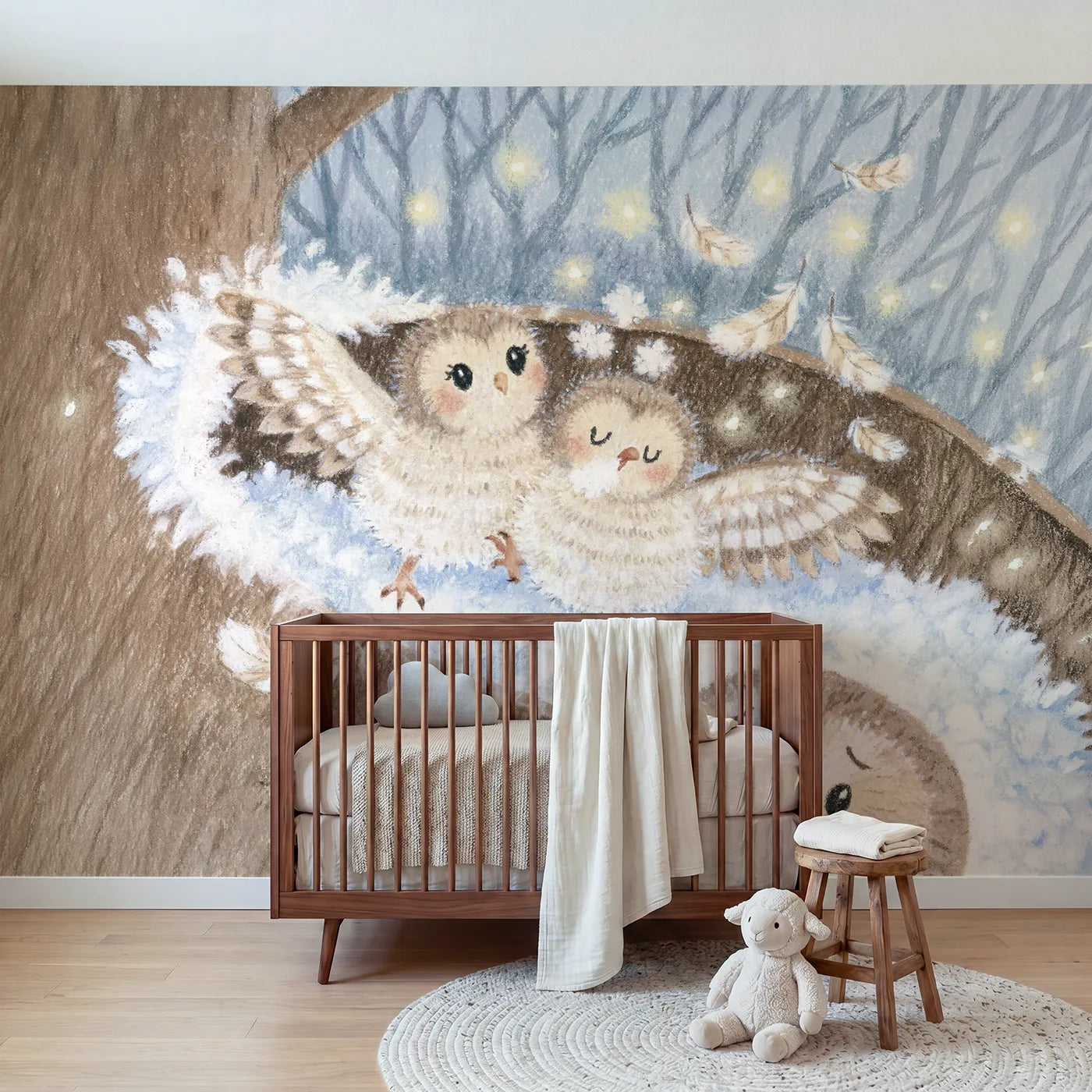 Colored Pencil owlets in a flurry of soft down, wall mural for a toddler room by Whimsy Tots