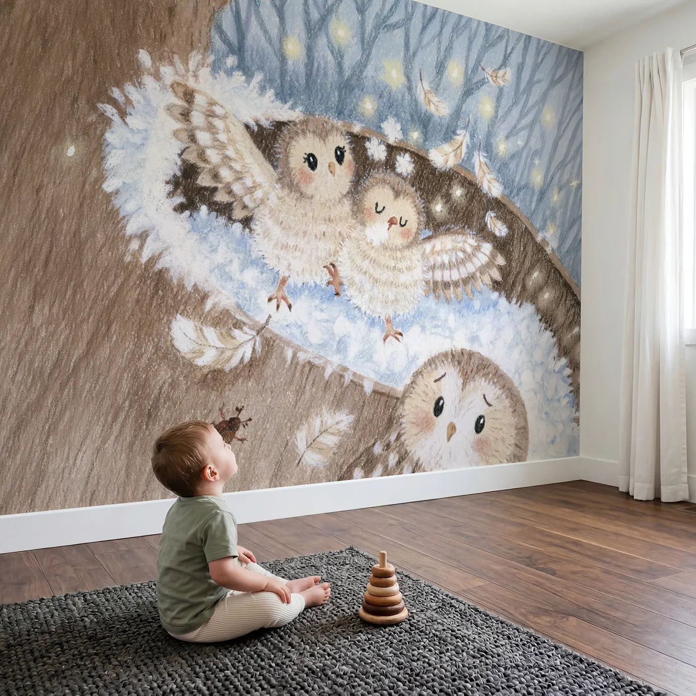 Child in nursery with Owlet Feather Flurry Wallpaper Mural by Whimsy Tots