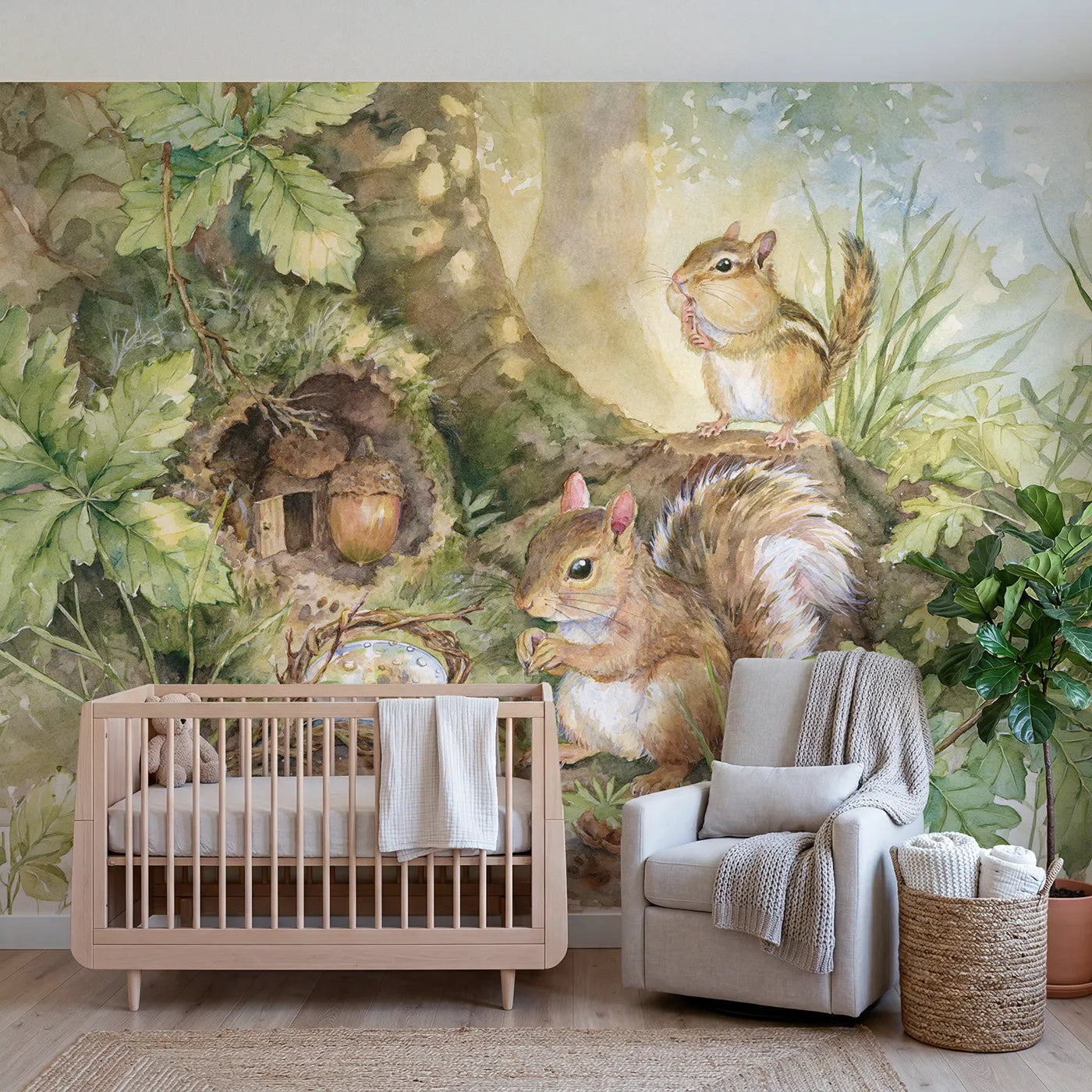 Watercolor squirrel detective inspecting paw prints, wall mural for a big-kid bedroom by Whimsy Tots