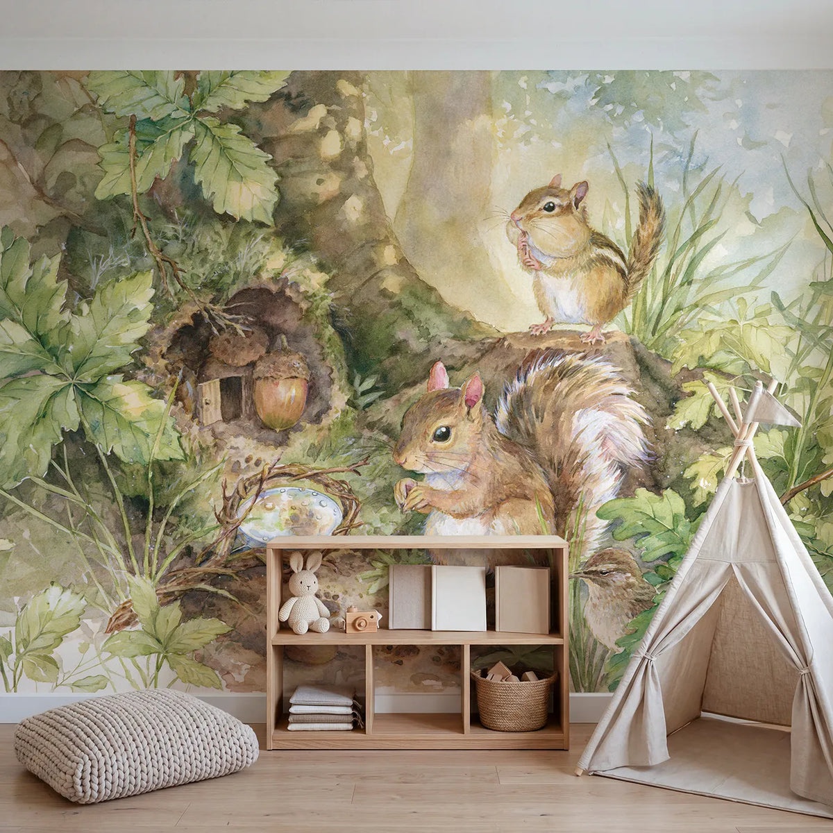 The Acorn Detective Wallpaper Mural in playroom setting by Whimsy Tots