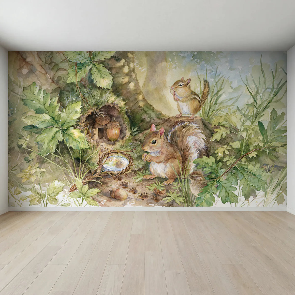 Full view of The Acorn Detective Wallpaper Mural by Whimsy Tots