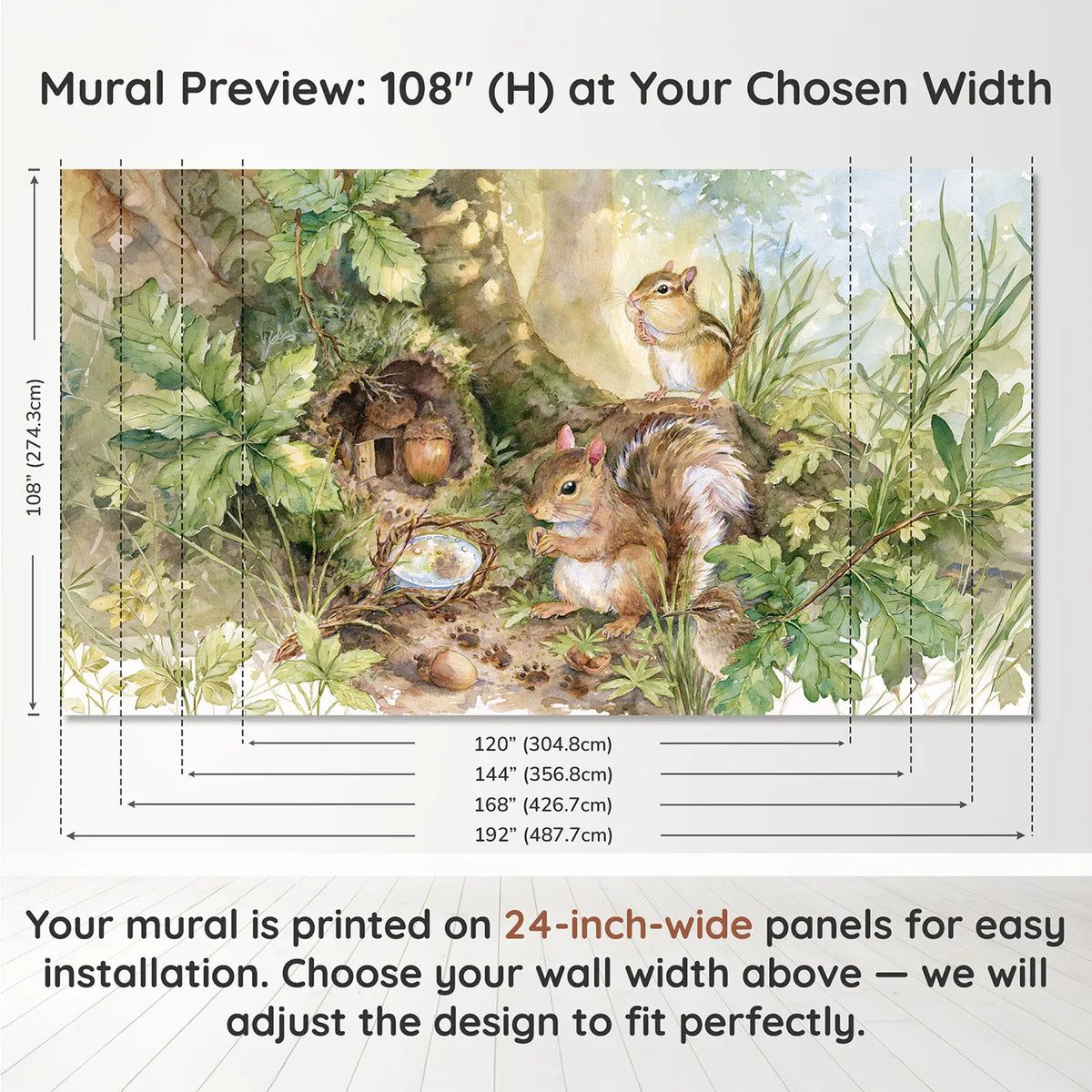 Panel layout and dimensions for The Acorn Detective Wallpaper Mural by Whimsy Tots