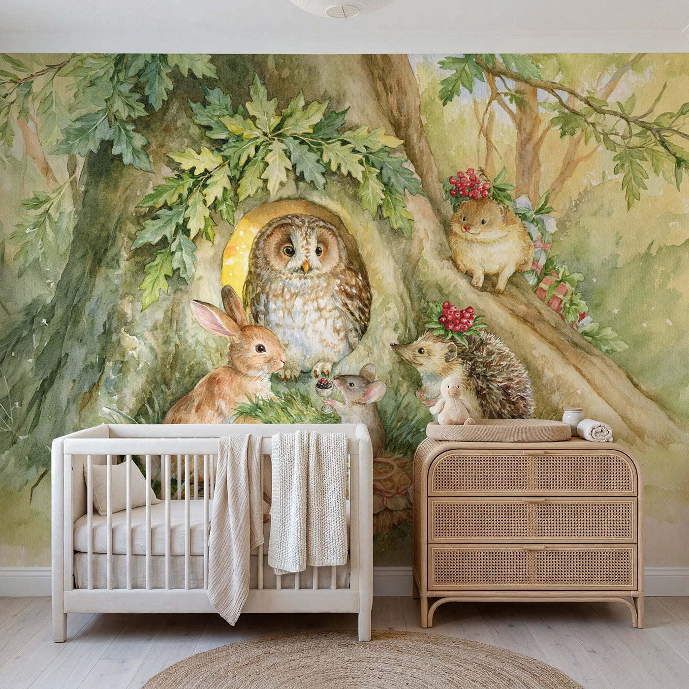 Watercolor owl housewarming at a tree hollow doorway, wall mural for a bedroom by Whimsy Tots