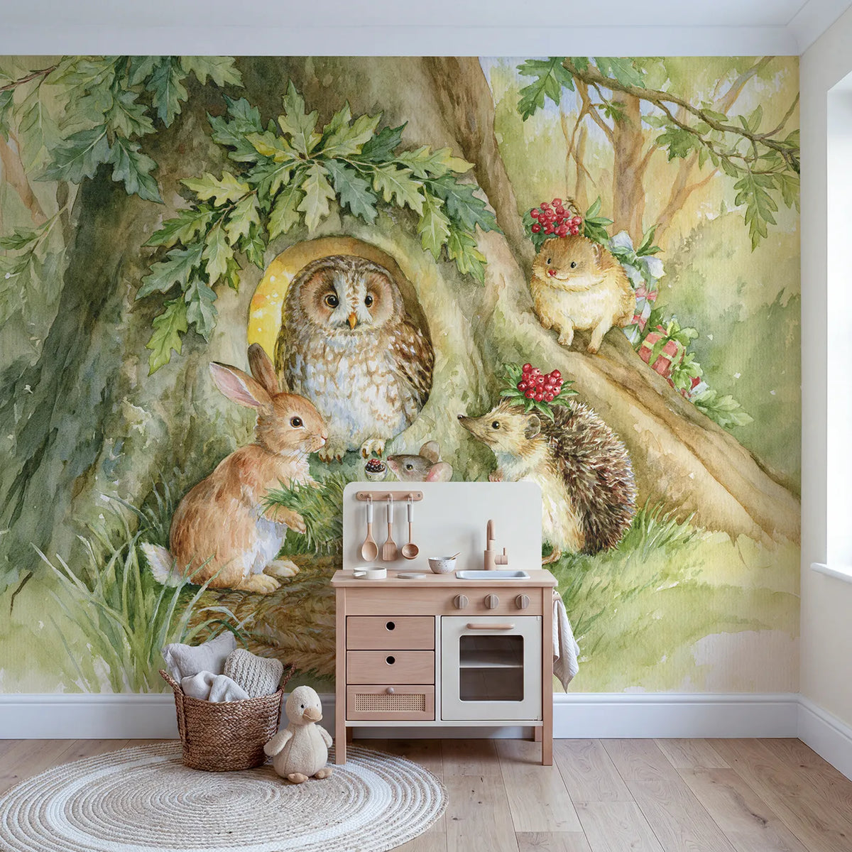 Owl Hollow Housewarming Wallpaper Mural in playroom setting by Whimsy Tots